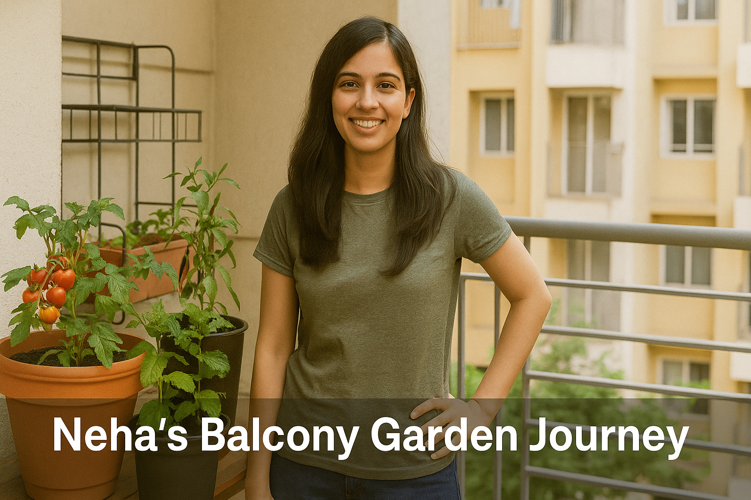An Indian woman named Neha is standing on her apartment balcony surrounded by cherry tomatoes, chilies, and herbs, illustrating a successful balcony gardening journey in an urban setting.